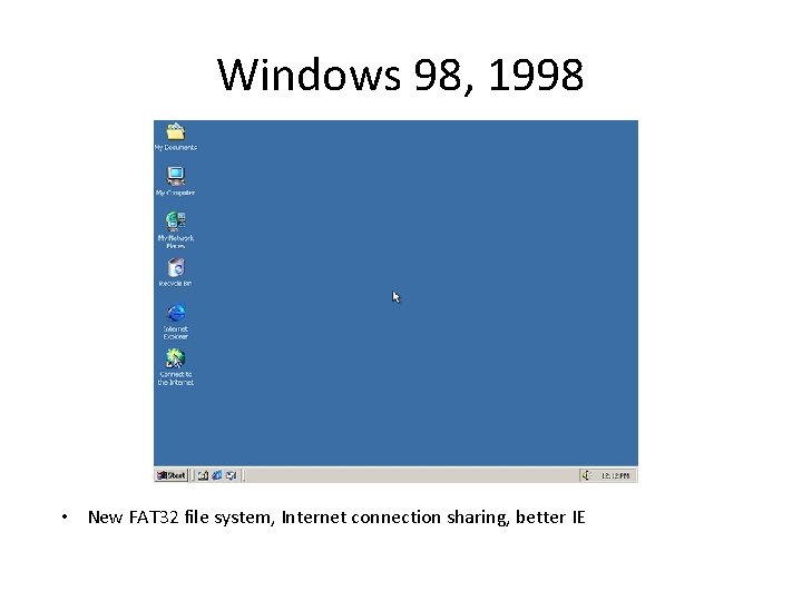 Windows 98, 1998 • New FAT 32 file system, Internet connection sharing, better IE