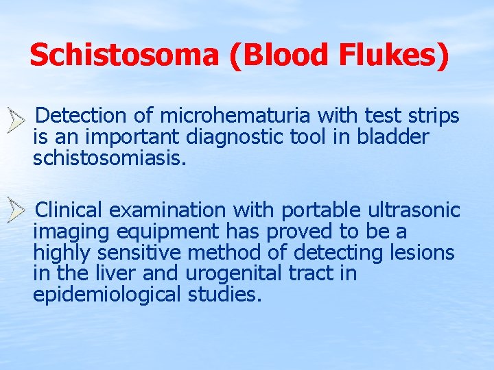 Schistosoma (Blood Flukes) Detection of microhematuria with test strips is an important diagnostic tool