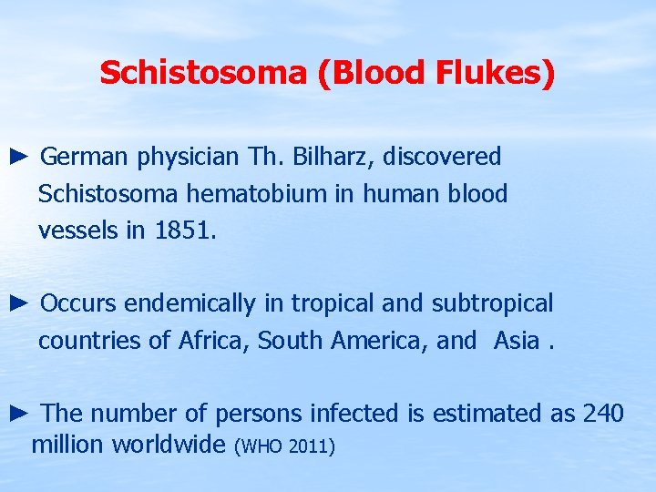 Schistosoma (Blood Flukes) ► German physician Th. Bilharz, discovered Schistosoma hematobium in human blood