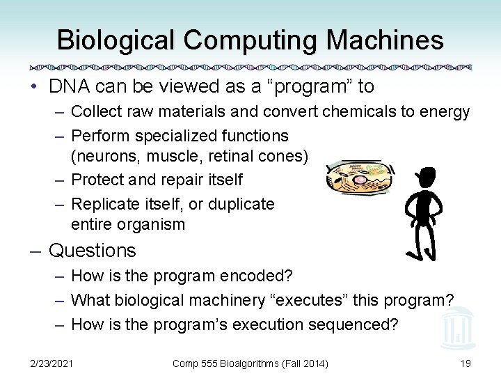 Biological Computing Machines • DNA can be viewed as a “program” to – Collect