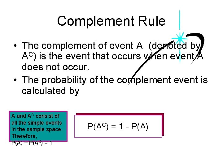 Complement Rule • The complement of event A (denoted by AC) is the event