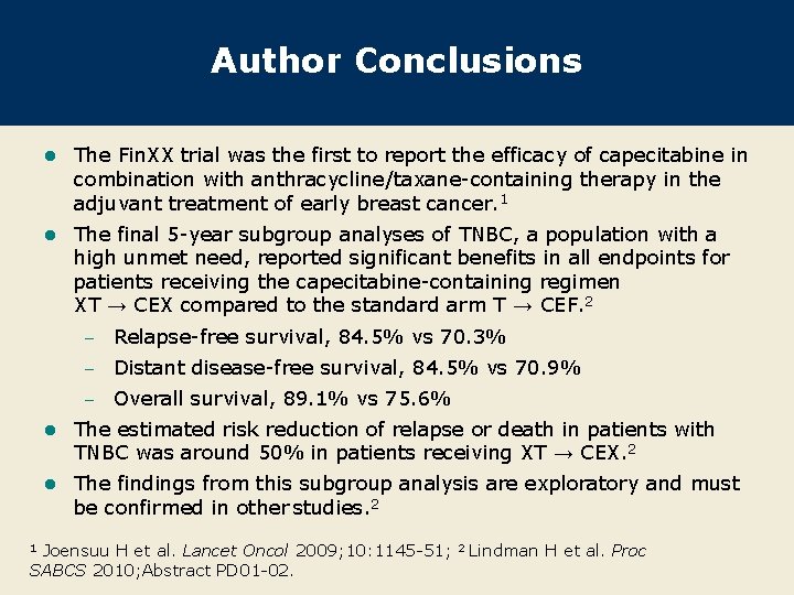 Author Conclusions l The Fin. XX trial was the first to report the efficacy