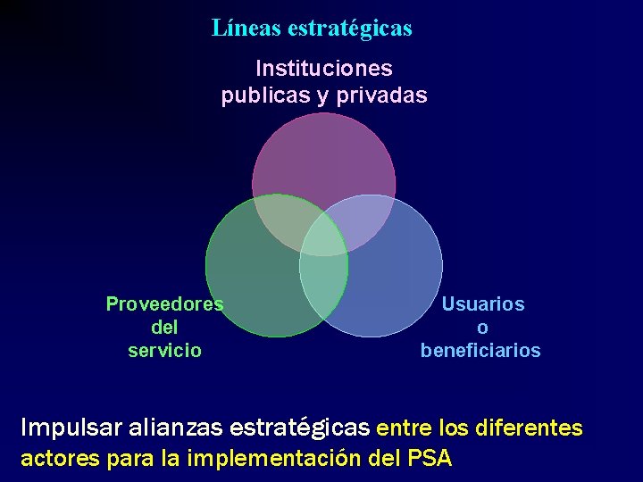 Líneas estratégicas Instituciones publicas y privadas Proveedores del servicio Usuarios o beneficiarios Impulsar alianzas