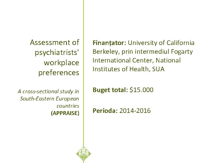 Assessment of psychiatrists' workplace preferences A cross-sectional study in South-Eastern European countries (APPRAISE) Finanțator: