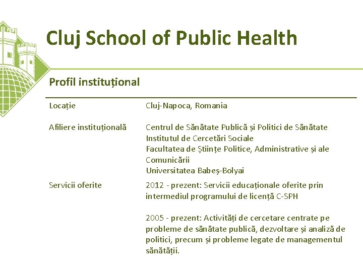 Cluj School of Public Health Profil instituțional Locație Cluj-Napoca, Romania Afiliere instituțională Centrul de