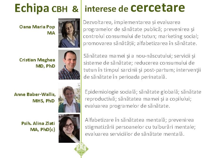 Echipa CBH Oana Maria Pop MA Cristian Meghea MD, Ph. D Anne Baber-Wallis, MHS,