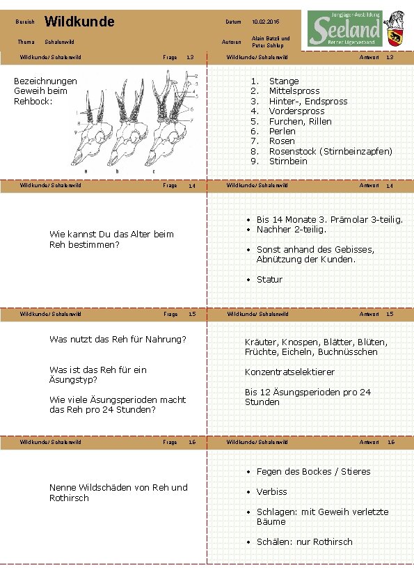 Bereich Wildkunde Thema Schalenwild Wildkunde/ Schalenwild Datum Autoren Frage 13 Alain Batzli und Peter