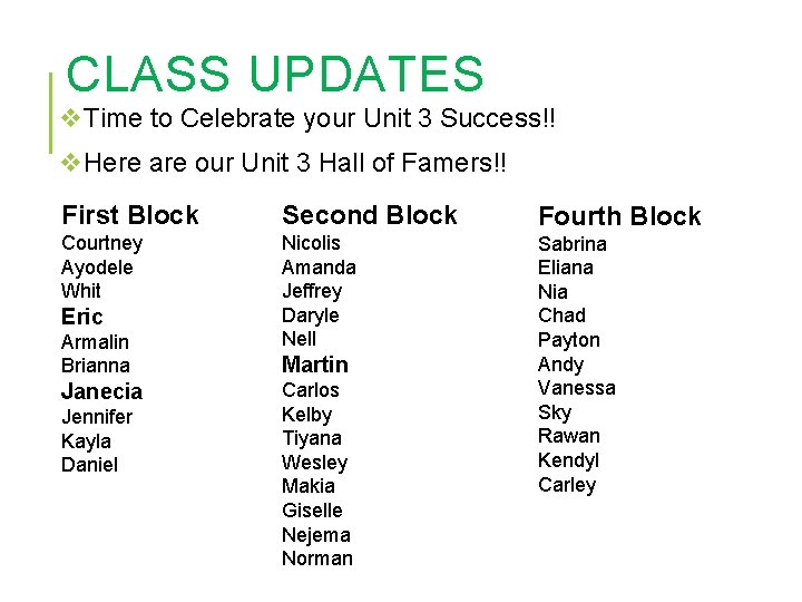 CLASS UPDATES v. Time to Celebrate your Unit 3 Success!! v. Here are our