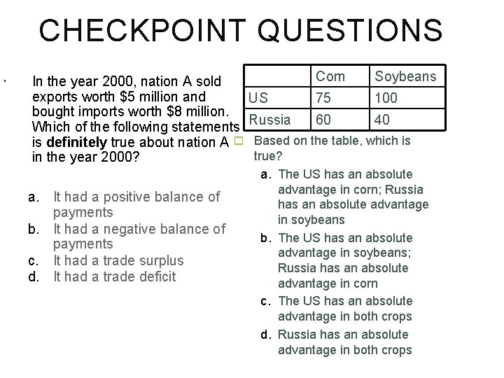 CHECKPOINT QUESTIONS In the year 2000, nation A sold exports worth $5 million and