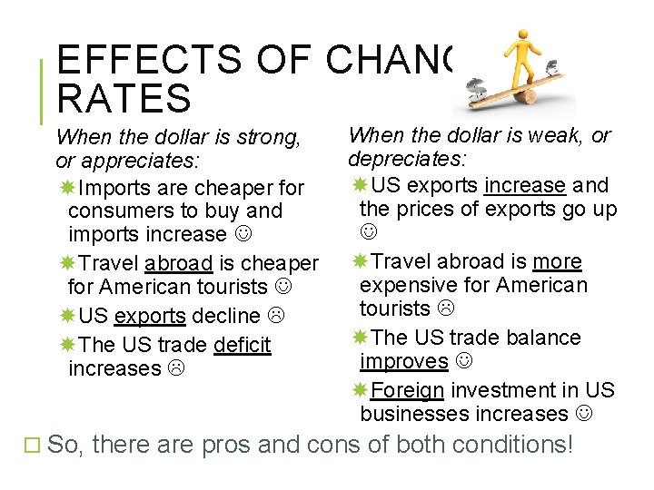 EFFECTS OF CHANGING RATES When the dollar is strong, or appreciates: Imports are cheaper