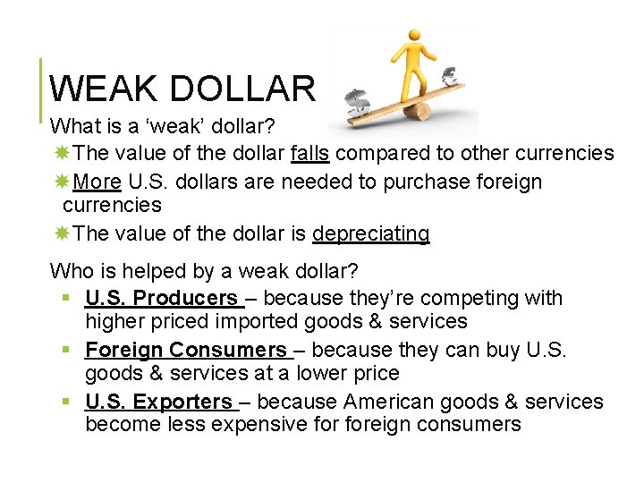 WEAK DOLLAR What is a ‘weak’ dollar? The value of the dollar falls compared