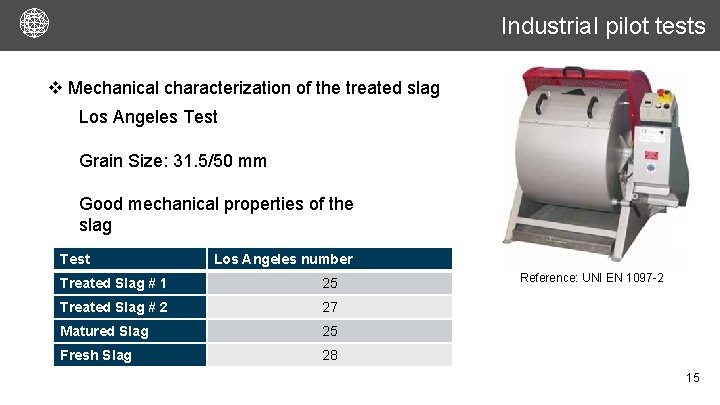 Industrial pilot tests v Mechanical characterization of the treated slag Los Angeles Test Grain