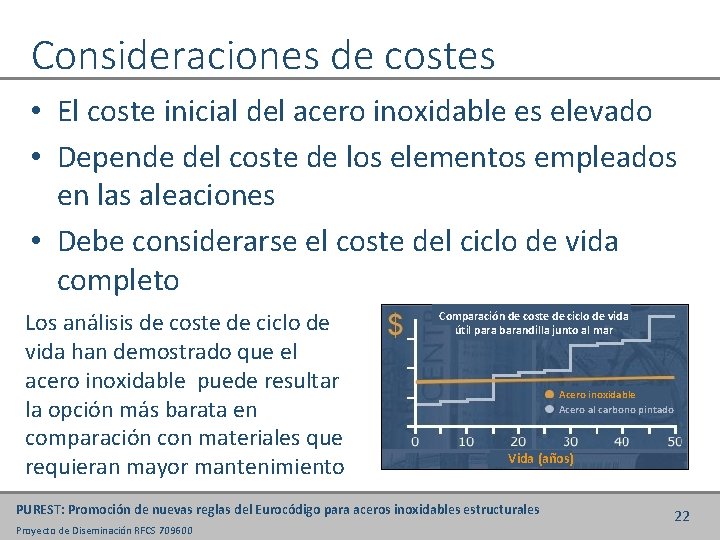 Consideraciones de costes • El coste inicial del acero inoxidable es elevado • Depende