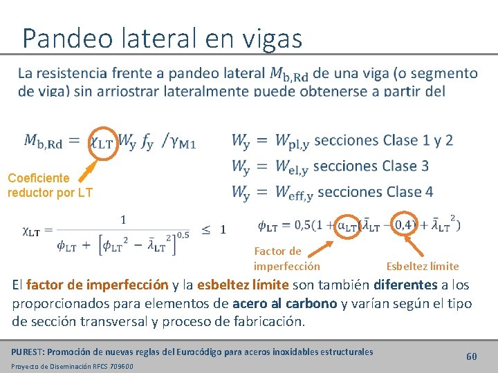 Pandeo lateral en vigas Coeficiente reductor por LT Factor de imperfección Esbeltez límite El