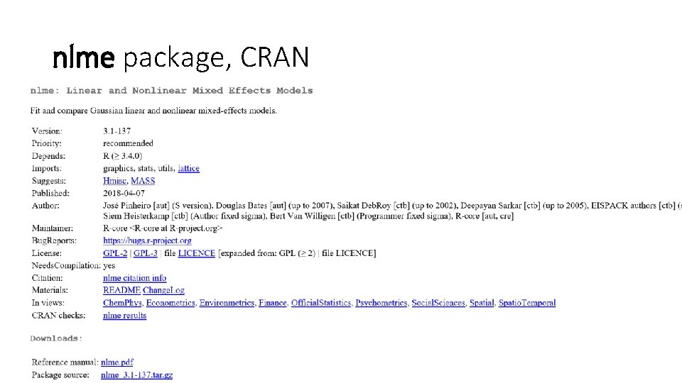 nlme package, CRAN 