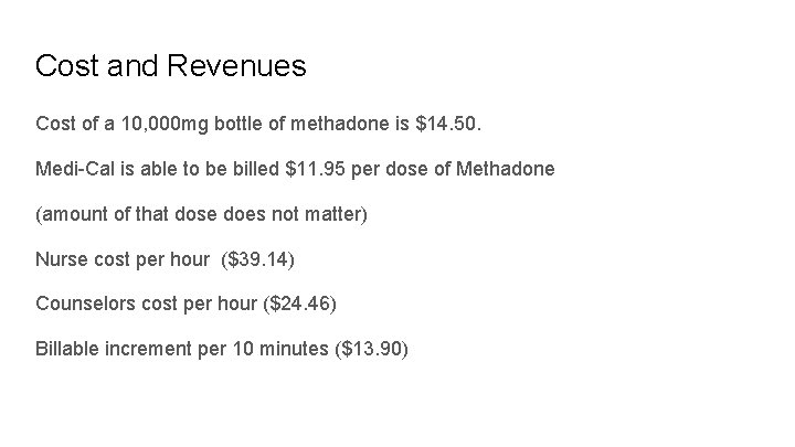 Cost and Revenues Cost of a 10, 000 mg bottle of methadone is $14.