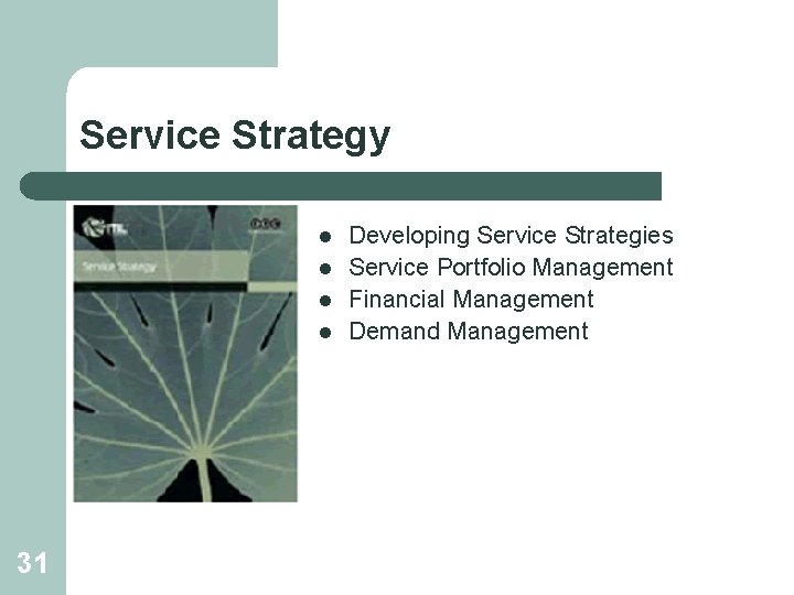 Service Strategy l l 31 Developing Service Strategies Service Portfolio Management Financial Management Demand