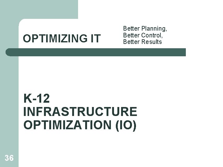 OPTIMIZING IT Better Planning, Better Control, Better Results K-12 INFRASTRUCTURE OPTIMIZATION (IO) 36 
