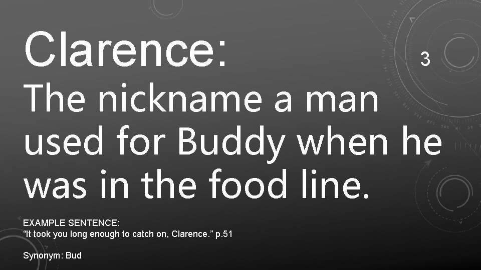 Clarence: 3 The nickname a man used for Buddy when he was in the