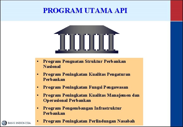 PROGRAM UTAMA API • Program Penguatan Struktur Perbankan Nasional • Program Peningkatan Kualitas Pengaturan