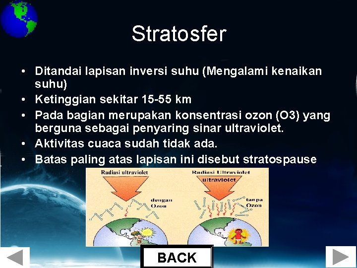 Stratosfer • Ditandai lapisan inversi suhu (Mengalami kenaikan suhu) • Ketinggian sekitar 15 -55