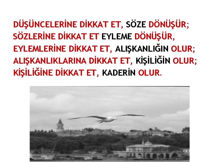 DÜŞÜNCELERİNE DİKKAT ET, SÖZE DÖNÜŞÜR; SÖZLERİNE DİKKAT ET EYLEME DÖNÜŞÜR, EYLEMLERİNE DİKKAT ET, ALIŞKANLIĞIN