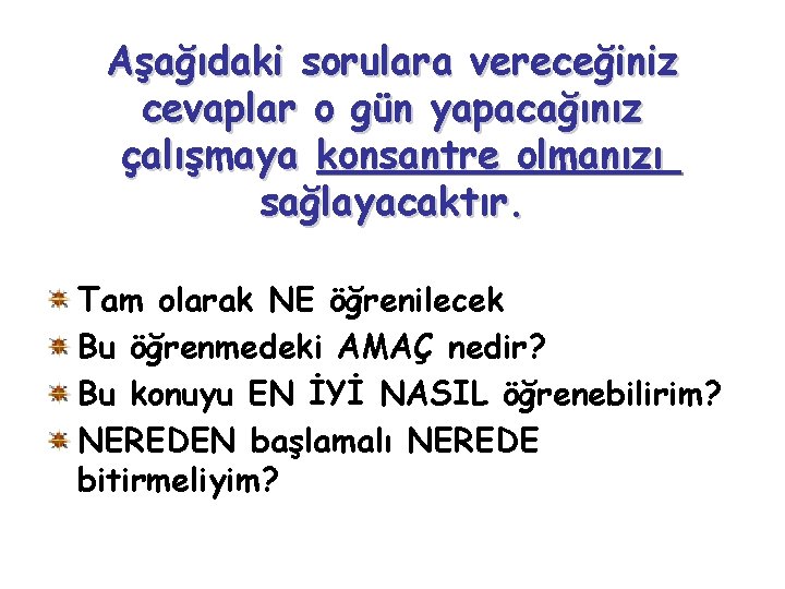 Aşağıdaki sorulara vereceğiniz cevaplar o gün yapacağınız çalışmaya konsantre olmanızı sağlayacaktır. Tam olarak NE