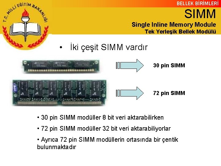 BELLEK BİRİMLERİ SIMM Single Inline Memory Module Tek Yerleşik Bellek Modülü • İki çeşit