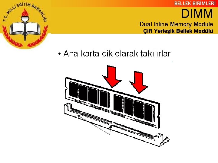 BELLEK BİRİMLERİ DIMM Dual Inline Memory Module Çift Yerleşik Bellek Modülü • Ana karta