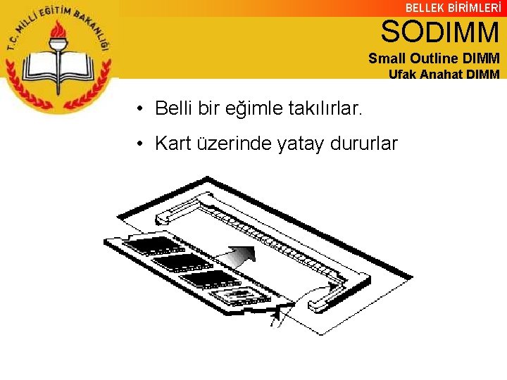 BELLEK BİRİMLERİ SODIMM Small Outline DIMM Ufak Anahat DIMM • Belli bir eğimle takılırlar.