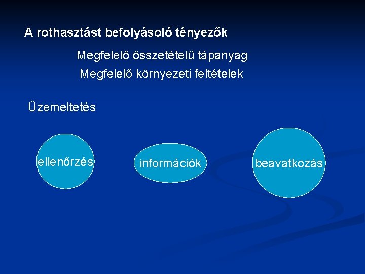 A rothasztást befolyásoló tényezők Megfelelő összetételű tápanyag Megfelelő környezeti feltételek Üzemeltetés ellenőrzés információk beavatkozás