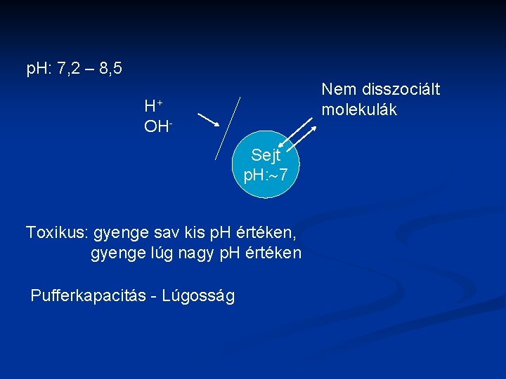 p. H: 7, 2 – 8, 5 Nem disszociált molekulák H+ OHSejt p. H: