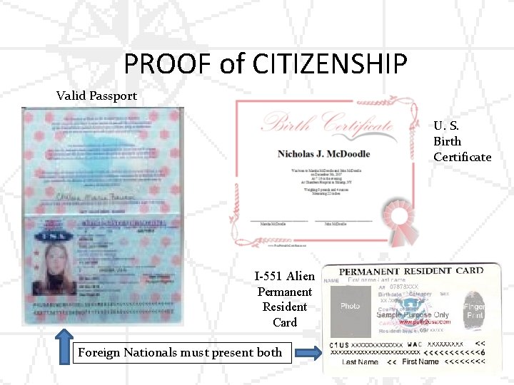 PROOF of CITIZENSHIP Valid Passport U. S. Birth Certificate I-551 Alien Permanent Resident Card