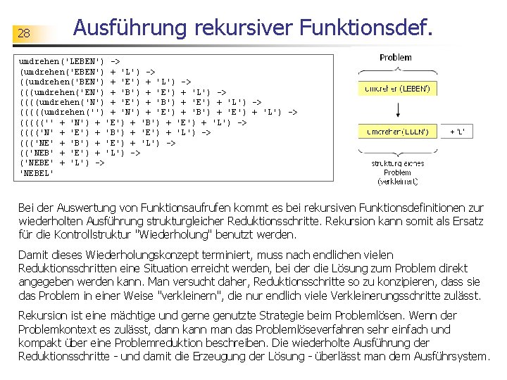 28 Ausführung rekursiver Funktionsdef. umdrehen('LEBEN') -> (umdrehen('EBEN') + 'L') -> ((umdrehen('BEN') + 'E') +