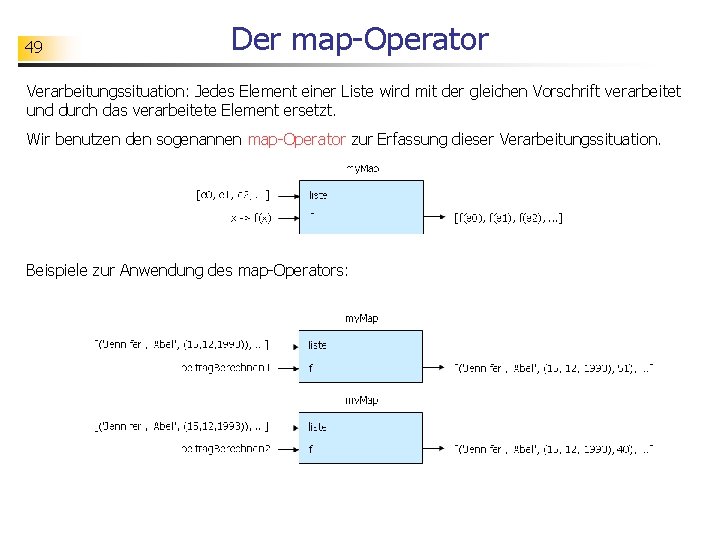 49 Der map-Operator Verarbeitungssituation: Jedes Element einer Liste wird mit der gleichen Vorschrift verarbeitet