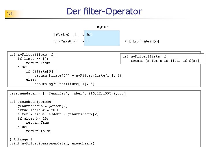54 Der filter-Operator def my. Filter(liste, f): if liste == []: return [x for
