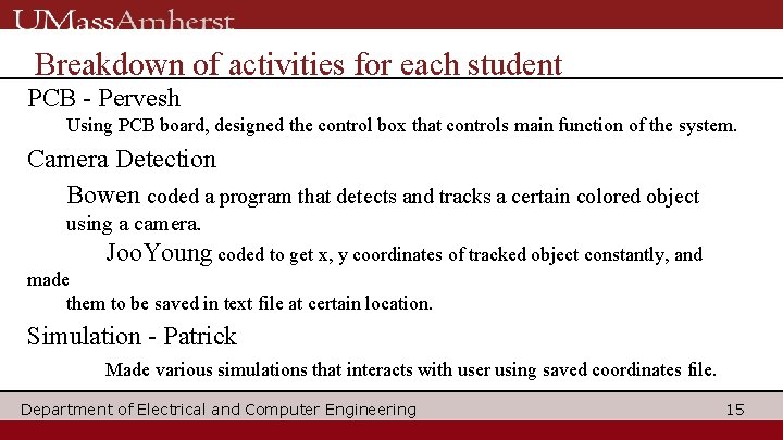 Breakdown of activities for each student PCB - Pervesh Using PCB board, designed the
