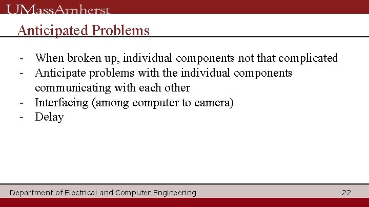 Anticipated Problems - When broken up, individual components not that complicated - Anticipate problems