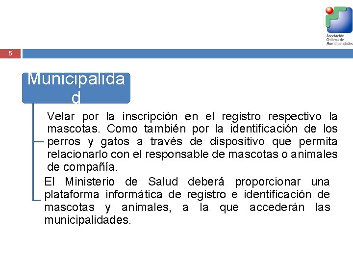 5 Municipalida d Velar por la inscripción en el registro respectivo la mascotas. Como