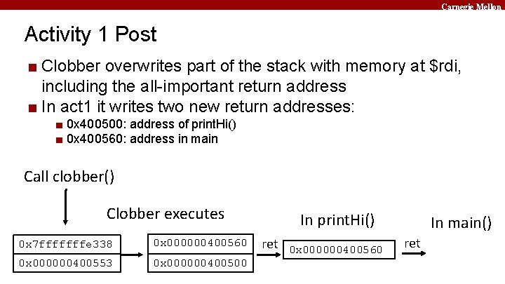 Carnegie Mellon Activity 1 Post ■ Clobber overwrites part of the stack with memory