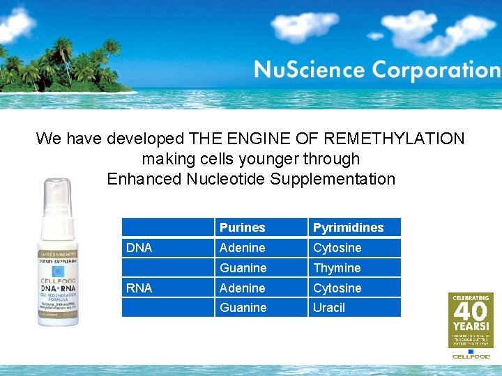 We have developed THE ENGINE OF REMETHYLATION making cells younger through Enhanced Nucleotide Supplementation