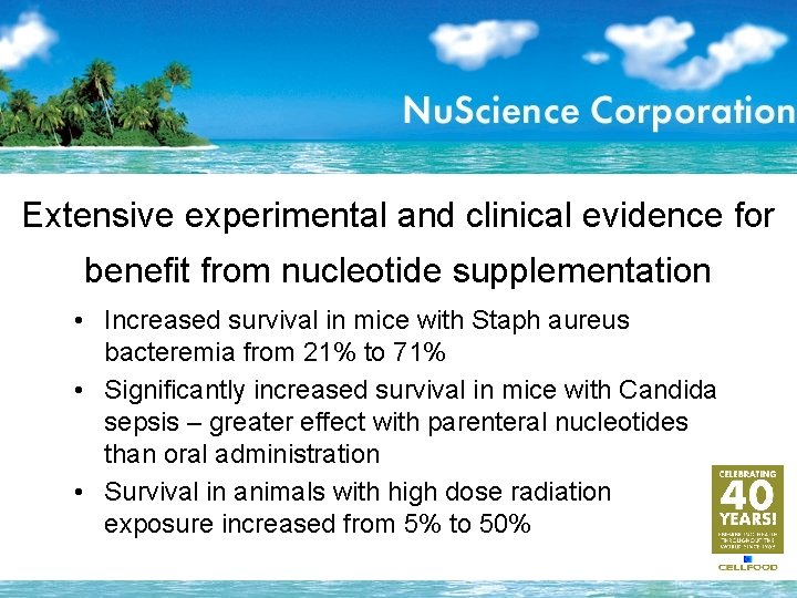 Extensive experimental and clinical evidence for benefit from nucleotide supplementation • Increased survival in