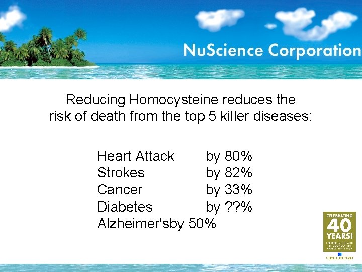 Reducing Homocysteine reduces the risk of death from the top 5 killer diseases: Heart