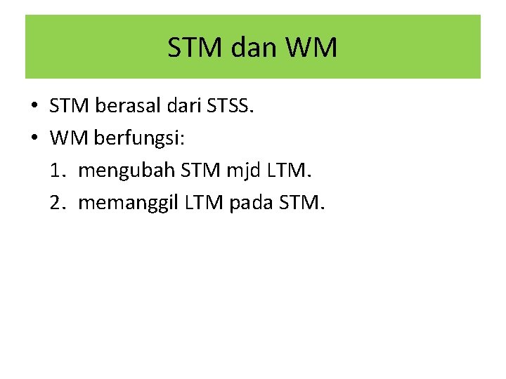 STM dan WM • STM berasal dari STSS. • WM berfungsi: 1. mengubah STM