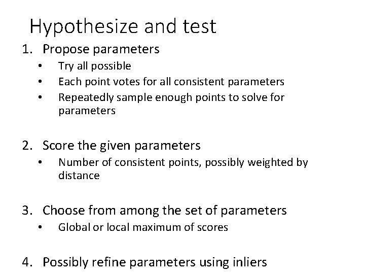 Hypothesize and test 1. Propose parameters • • • Try all possible Each point