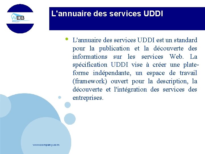 L'annuaire des services UDDI • www. company. com L'annuaire des services UDDI est un