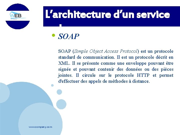 L’architecture d’un service web. • SOAP (Simple Object Access Protocol) est un protocole standard