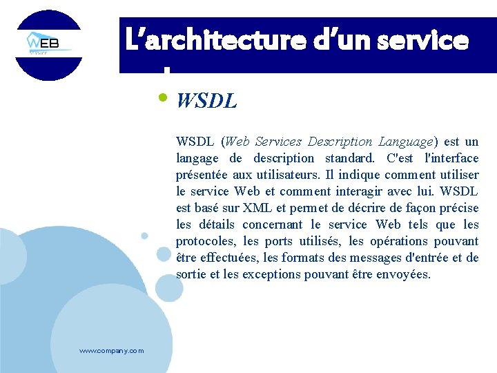 L’architecture d’un service web. • WSDL (Web Services Description Language) est un langage de