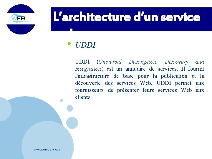 L’architecture d’un service web. • UDDI (Universal Description, Discovery and Integration) est un annuaire