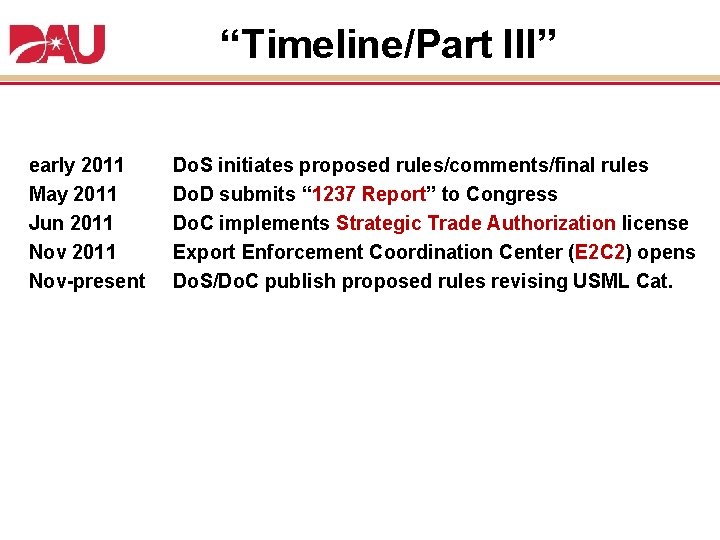 “Timeline/Part III” early 2011 May 2011 Jun 2011 Nov-present Do. S initiates proposed rules/comments/final